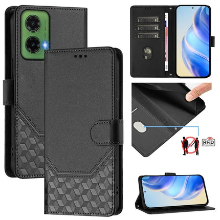 For Motorola Moto G35 5G Case Imprinted Honeycomb RFID Blocking Leather Phone Cover with Strap - Black