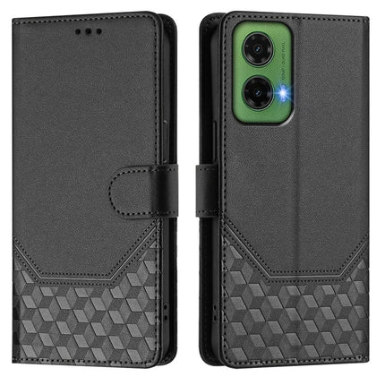 For Motorola Moto G35 5G Case Imprinted Honeycomb RFID Blocking Leather Phone Cover with Strap