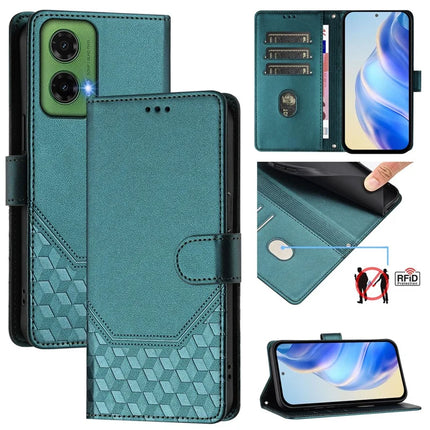 For Motorola Moto G35 5G Case Imprinted Honeycomb RFID Blocking Leather Phone Cover with Strap - Green
