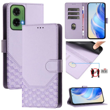 For Motorola Moto G35 5G Case Imprinted Honeycomb RFID Blocking Leather Phone Cover with Strap - Light Purple