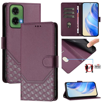 For Motorola Moto G35 5G Case Imprinted Honeycomb RFID Blocking Leather Phone Cover with Strap - Dark Purple