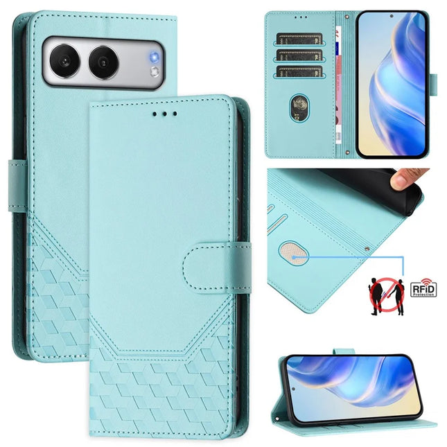 For OnePlus Nord 4 Case Imprinted Honeycomb RFID Blocking Leather Phone Cover with Strap - Mint Green