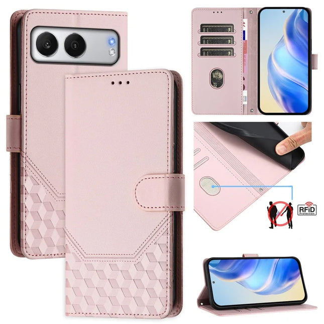 For OnePlus Nord 4 Case Imprinted Honeycomb RFID Blocking Leather Phone Cover with Strap - Pink