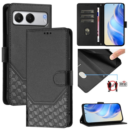 For OnePlus Nord 4 Case Imprinted Honeycomb RFID Blocking Leather Phone Cover with Strap - Black
