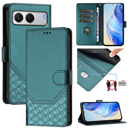 For OnePlus Nord 4 Case Imprinted Honeycomb RFID Blocking Leather Phone Cover with Strap - Green