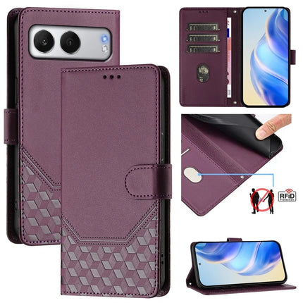 For OnePlus Nord 4 Case Imprinted Honeycomb RFID Blocking Leather Phone Cover with Strap - Dark Purple