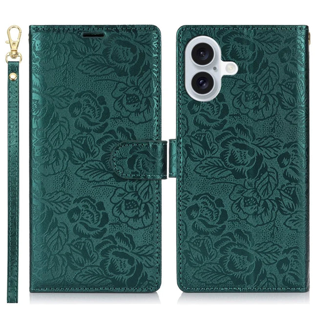 For iPhone 16 Plus Case with Hand Strap Flower Imprint Leather Wallet Phone Cover - Green