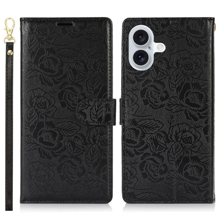 For iPhone 16 Plus Case with Hand Strap Flower Imprint Leather Wallet Phone Cover - Black