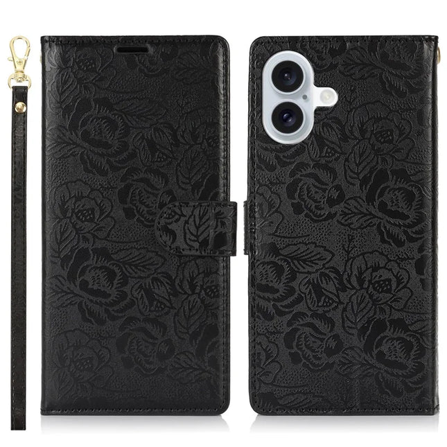 For iPhone 16 Plus Case with Hand Strap Flower Imprint Leather Wallet Phone Cover - Black