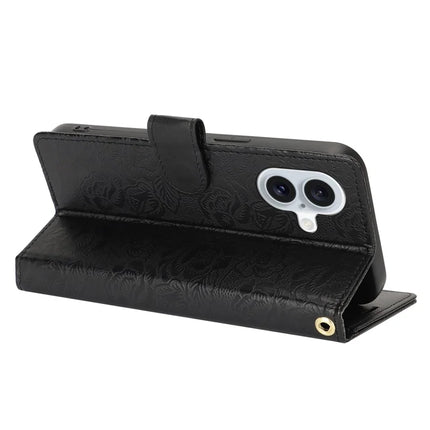 For iPhone 16 Plus Case with Hand Strap Flower Imprint Leather Wallet Phone Cover