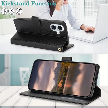 For iPhone 16 Plus Case with Hand Strap Flower Imprint Leather Wallet Phone Cover