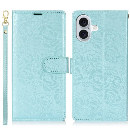 For iPhone 16 Plus Case with Hand Strap Flower Imprint Leather Wallet Phone Cover - Blue