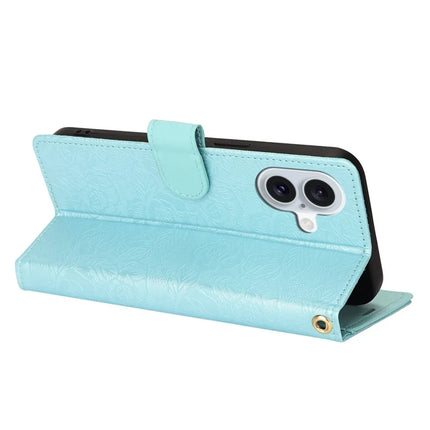 For iPhone 16 Plus Case with Hand Strap Flower Imprint Leather Wallet Phone Cover