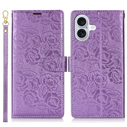 For iPhone 16 Plus Case with Hand Strap Flower Imprint Leather Wallet Phone Cover - Purple