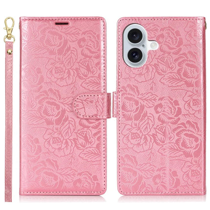 For iPhone 16 Plus Case with Hand Strap Flower Imprint Leather Wallet Phone Cover - Rose Gold