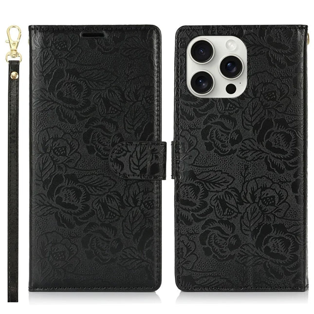 For iPhone 15 Pro Max Case with Hand Strap Flower Imprint Leather Wallet Phone Cover - Black