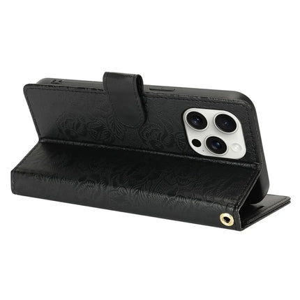For iPhone 15 Pro Max Case with Hand Strap Flower Imprint Leather Wallet Phone Cover