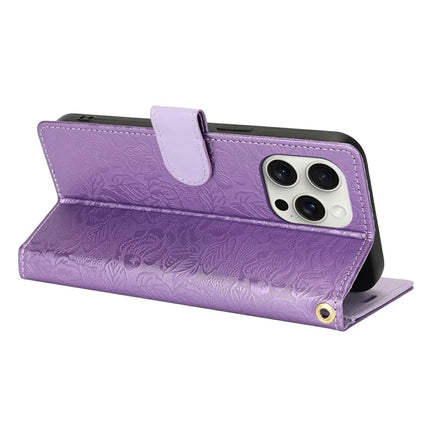 For iPhone 15 Pro Max Case with Hand Strap Flower Imprint Leather Wallet Phone Cover
