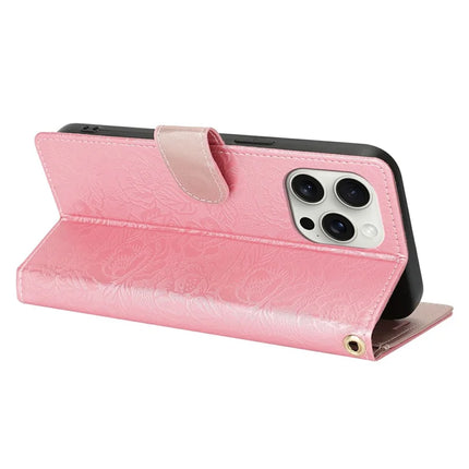 For iPhone 15 Pro Max Case with Hand Strap Flower Imprint Leather Wallet Phone Cover