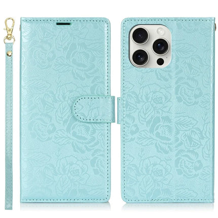 For iPhone 15 Pro Max Case with Hand Strap Flower Imprint Leather Wallet Phone Cover - Blue