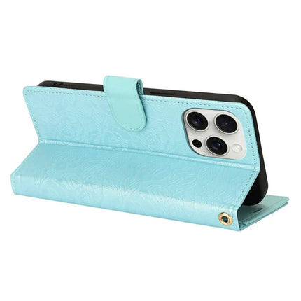For iPhone 15 Pro Max Case with Hand Strap Flower Imprint Leather Wallet Phone Cover