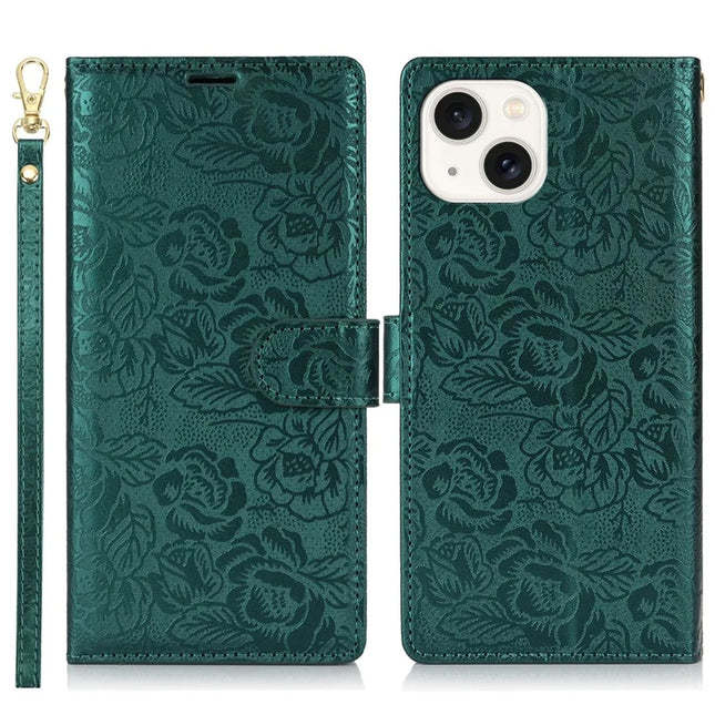 For iPhone 14 / 13 Case with Hand Strap Flower Imprint Leather Wallet Phone Cover - Green