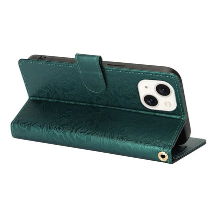 For iPhone 14 / 13 Case with Hand Strap Flower Imprint Leather Wallet Phone Cover
