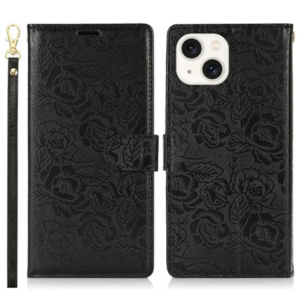 For iPhone 14 / 13 Case with Hand Strap Flower Imprint Leather Wallet Phone Cover - Black