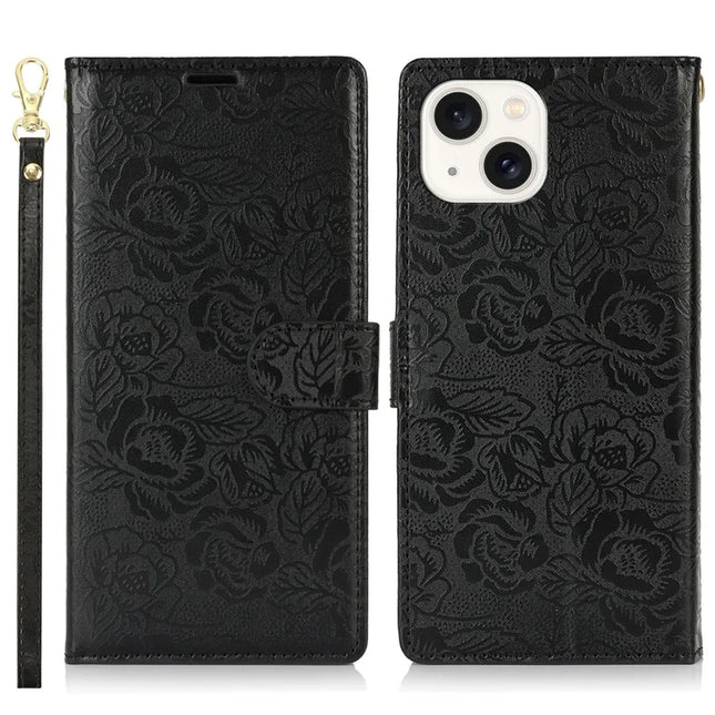 For iPhone 14 / 13 Case with Hand Strap Flower Imprint Leather Wallet Phone Cover - Black