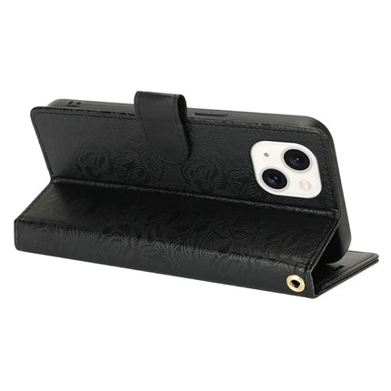 For iPhone 14 / 13 Case with Hand Strap Flower Imprint Leather Wallet Phone Cover