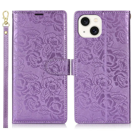 For iPhone 14 / 13 Case with Hand Strap Flower Imprint Leather Wallet Phone Cover - Purple