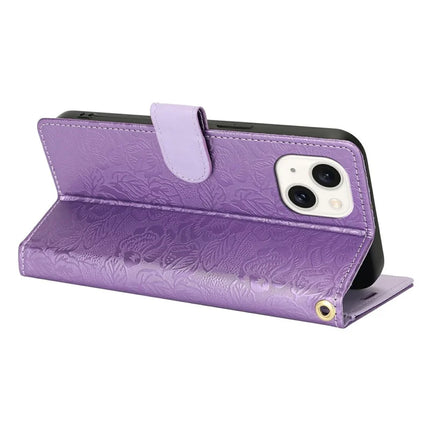 For iPhone 14 / 13 Case with Hand Strap Flower Imprint Leather Wallet Phone Cover