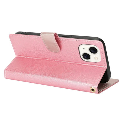 For iPhone 14 / 13 Case with Hand Strap Flower Imprint Leather Wallet Phone Cover