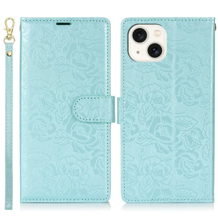 For iPhone 14 / 13 Case with Hand Strap Flower Imprint Leather Wallet Phone Cover - Blue