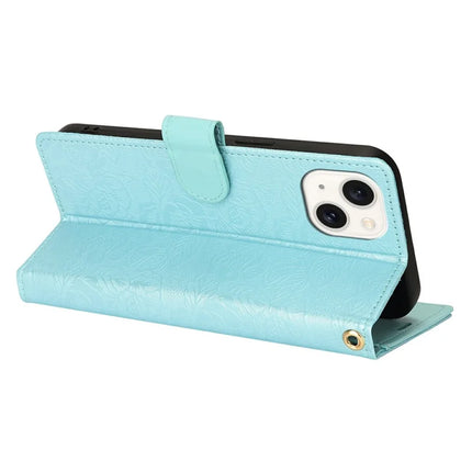 For iPhone 14 / 13 Case with Hand Strap Flower Imprint Leather Wallet Phone Cover