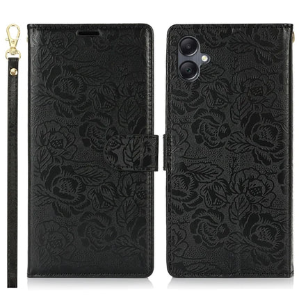 For Samsung Galaxy A05 4G Case with Hand Strap Flower Imprint Leather Wallet Phone Cover - Black