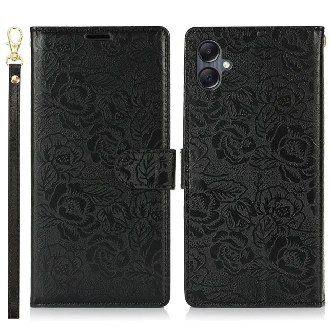 For Samsung Galaxy A05 4G Case with Hand Strap Flower Imprint Leather Wallet Phone Cover - Black