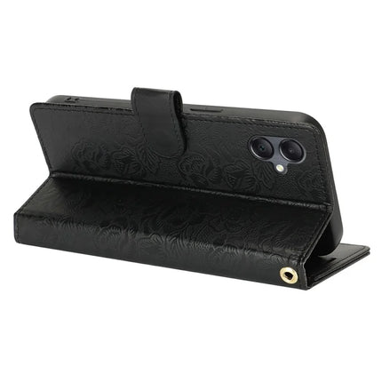 For Samsung Galaxy A05 4G Case with Hand Strap Flower Imprint Leather Wallet Phone Cover
