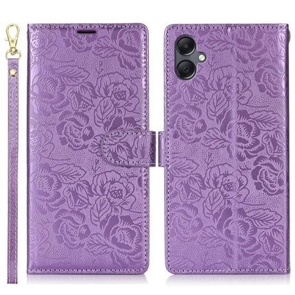 For Samsung Galaxy A05 4G Case with Hand Strap Flower Imprint Leather Wallet Phone Cover - Purple