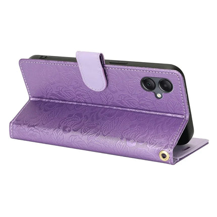 For Samsung Galaxy A05 4G Case with Hand Strap Flower Imprint Leather Wallet Phone Cover