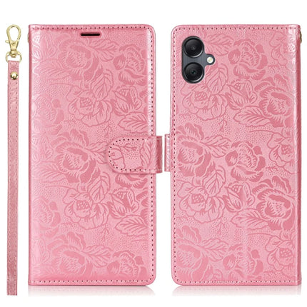 For Samsung Galaxy A05 4G Case with Hand Strap Flower Imprint Leather Wallet Phone Cover - Rose Gold