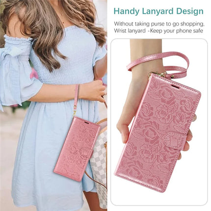 For Samsung Galaxy A05 4G Case with Hand Strap Flower Imprint Leather Wallet Phone Cover