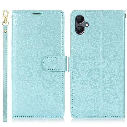 For Samsung Galaxy A05 4G Case with Hand Strap Flower Imprint Leather Wallet Phone Cover - Blue
