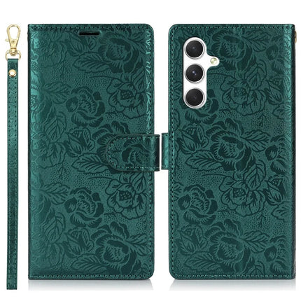 For Samsung Galaxy A05s 4G Case with Hand Strap Flower Imprint Leather Wallet Phone Cover - Green