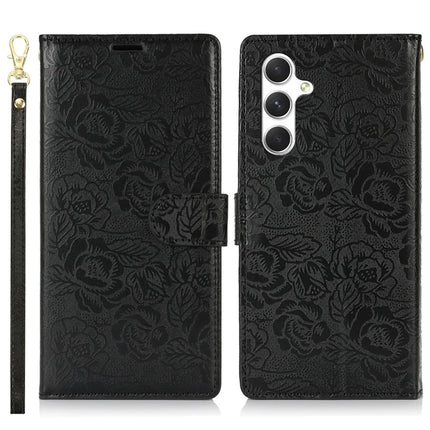 For Samsung Galaxy A05s 4G Case with Hand Strap Flower Imprint Leather Wallet Phone Cover - Black