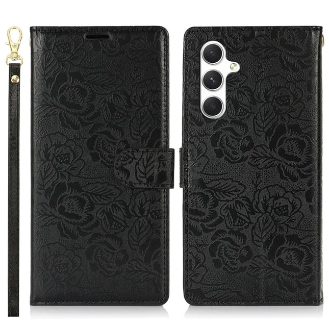 For Samsung Galaxy A05s 4G Case with Hand Strap Flower Imprint Leather Wallet Phone Cover - Black