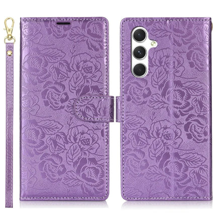 For Samsung Galaxy A05s 4G Case with Hand Strap Flower Imprint Leather Wallet Phone Cover - Purple