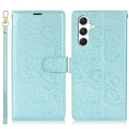 For Samsung Galaxy A05s 4G Case with Hand Strap Flower Imprint Leather Wallet Phone Cover - Blue