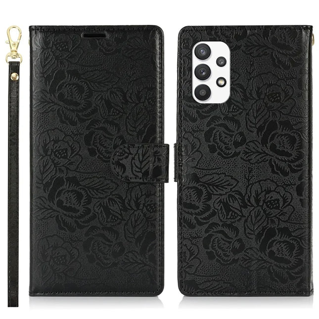 For Samsung Galaxy A13 4G / 5G Case with Hand Strap Flower Imprint Leather Wallet Phone Cover - Black
