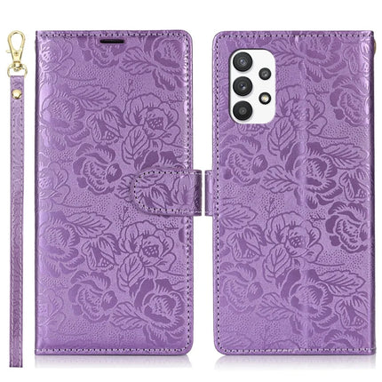 For Samsung Galaxy A13 4G / 5G Case with Hand Strap Flower Imprint Leather Wallet Phone Cover - Purple